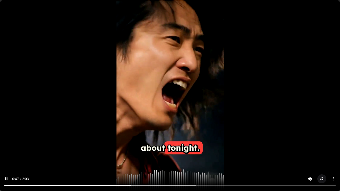 Revid AI Music to Video output — close-up of vocalist with synchronized lyric captions