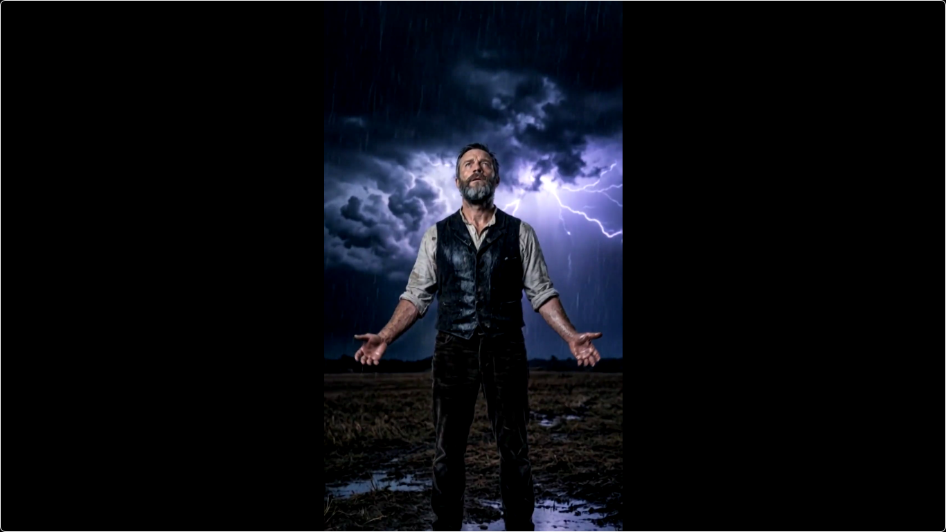 Revid AI Article to Video output — cinematic still of a man standing in a stormy field with lightning