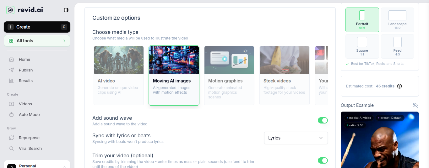 Revid AI customize options showing media type choices: AI video, Moving AI images, Motion graphics, Stock videos