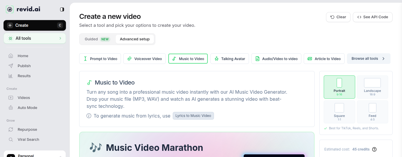 Revid AI Music to Video tool — Portrait 9:16 selected, estimated cost 45 credits, beat-sync technology