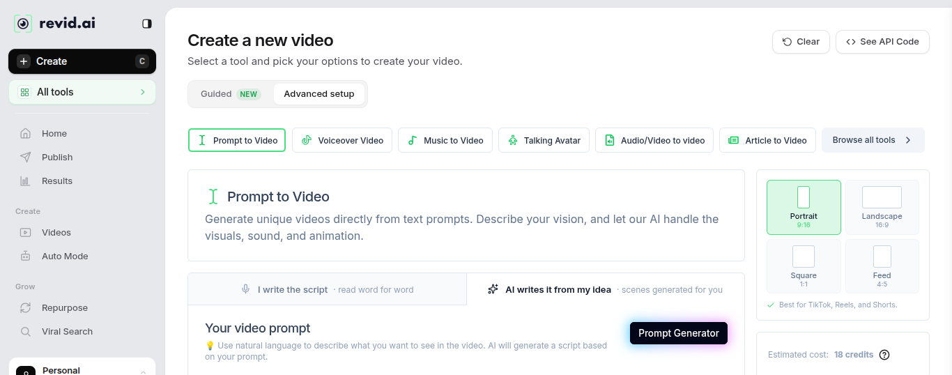 Revid AI dashboard showing Prompt to Video tool — two workflow modes visible: I write the script and AI writes it from my idea